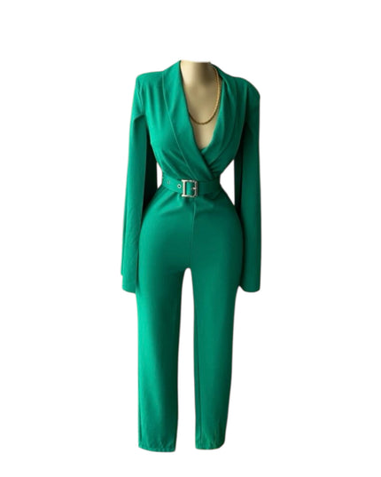 Elegant jumpsuit with cape and belt.