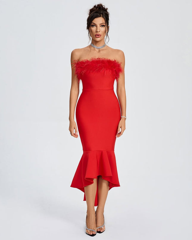 Red bandage dress with feathers.