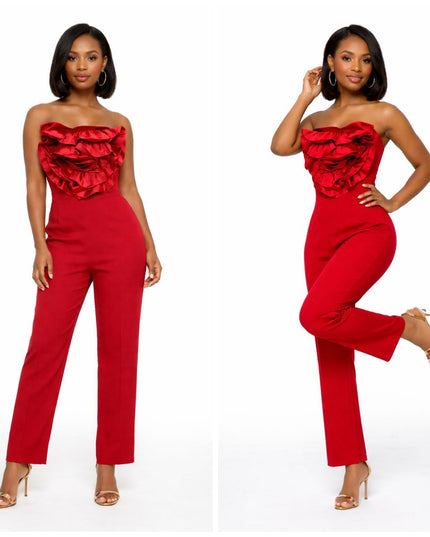 Red jumpsuit with ruffles