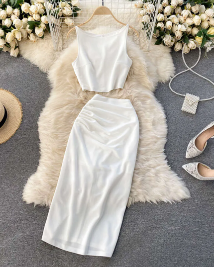 2-Piece Set: Midi Skirt with Slit - White
