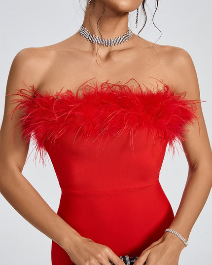 Red bandage dress with feathers.