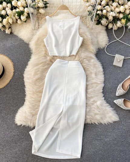 2-Piece Set: Midi Skirt with Slit - White