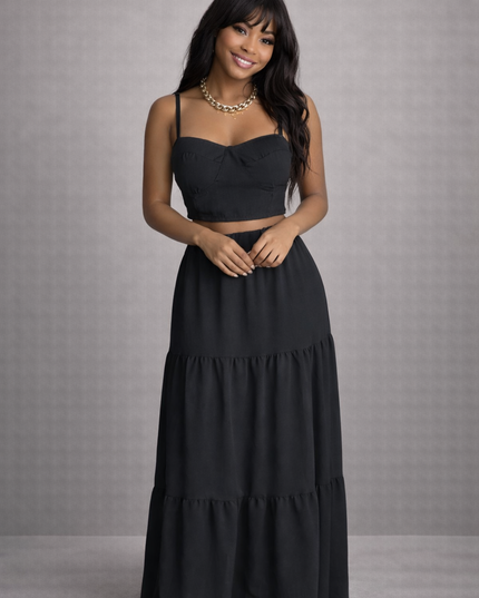 2-Piece Black Set - Top and Long Skirt