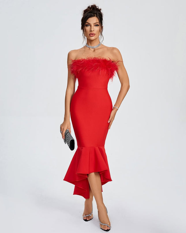 Red bandage dress with feathers.