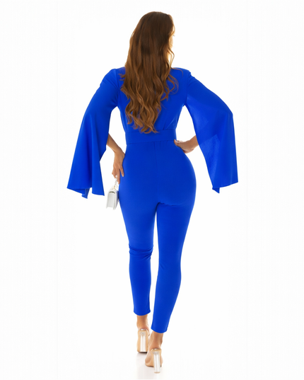 Elegant jumpsuit with cape and belt.