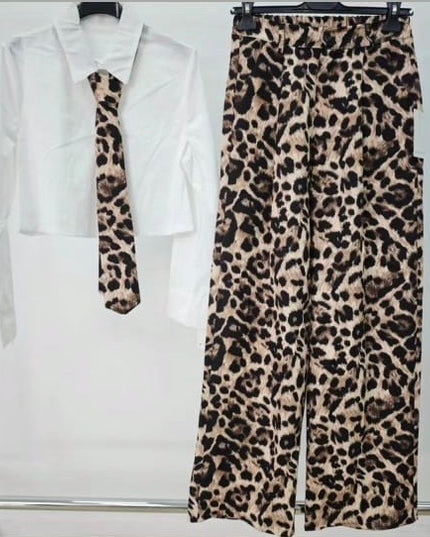 White shirt and leopard print pants set.