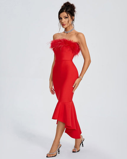 Red bandage dress with feathers.