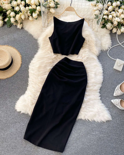 2-Piece Set: Midi Skirt with Slit - White