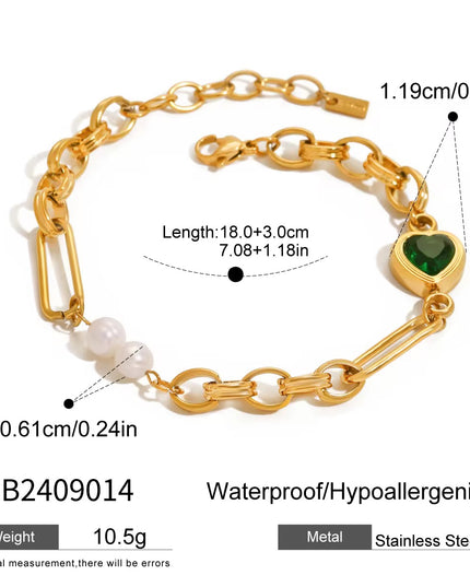 Stainless steel necklace with green hearts.