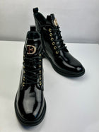 Patent leather military boot with appliqué - Black