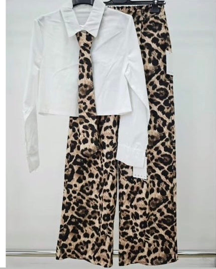 White shirt and leopard print pants set.