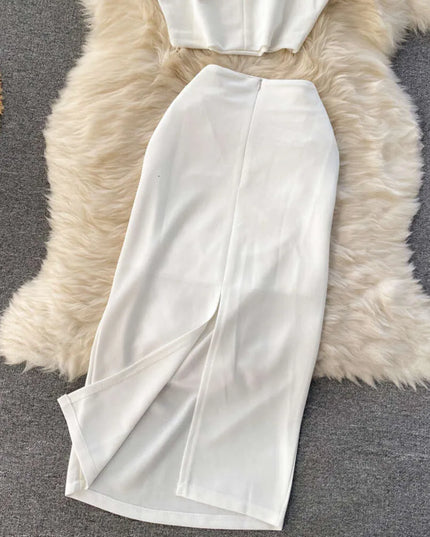 2-Piece Set: Midi Skirt with Slit - White