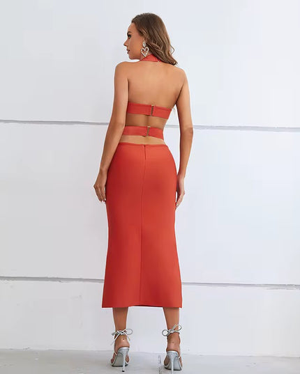 Red dress with satin details - made of bandage fabric.