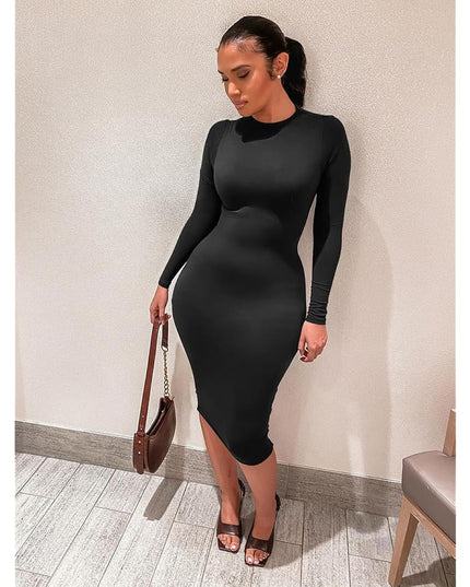 Fitted evening dress with long sleeves