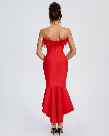 Red bandage dress with feathers.