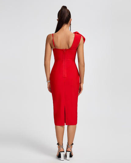 Red midi dress with 3D floral print.