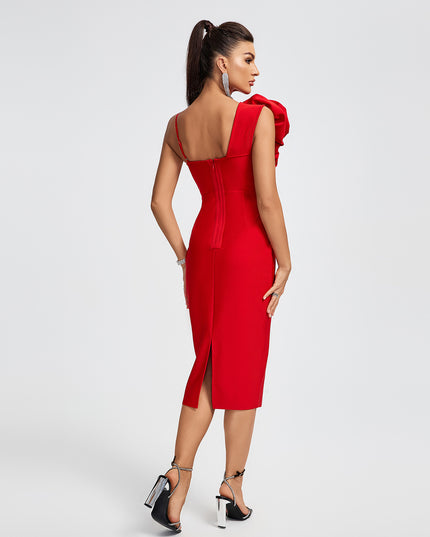 Red midi dress with 3D floral print.