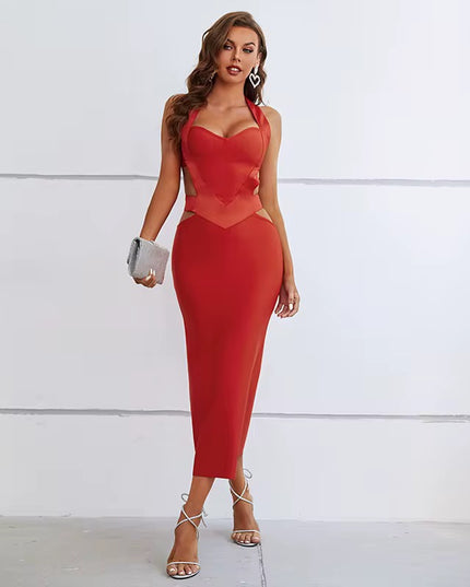 Red dress with satin details - made of bandage fabric.