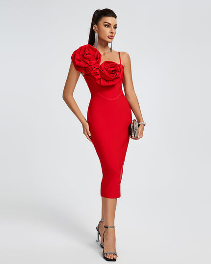 Red midi dress with 3D floral print.