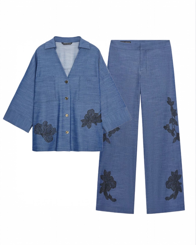 ZARA - Zara set consisting of a kimono shirt and loose-fitting pants with floral details.