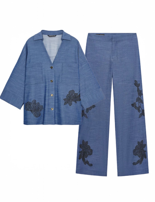 ZARA - Zara set consisting of a kimono shirt and loose-fitting pants with floral details.