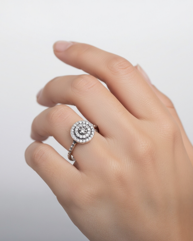 Luxury ring with circle and cubic zirconia.